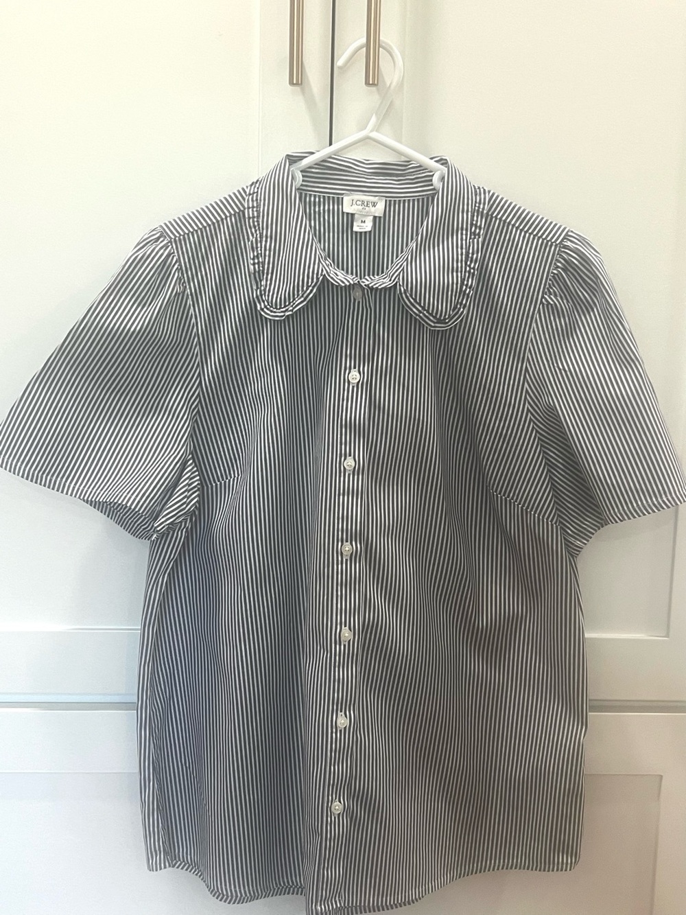 J. Crew Blue and White Vertical Stripe Short Sleeve Button-Up